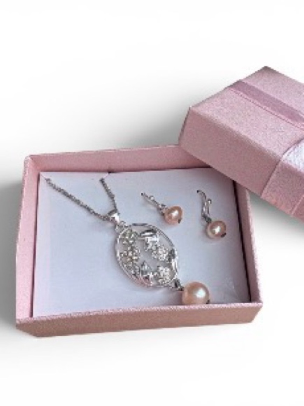 Vintage Avon Blush Pearl Floral Pendant Necklace Earrings Set Silvertone